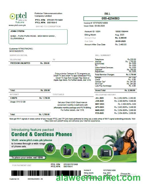 Pakistan PTCL utility bill template in Word and PDF formats